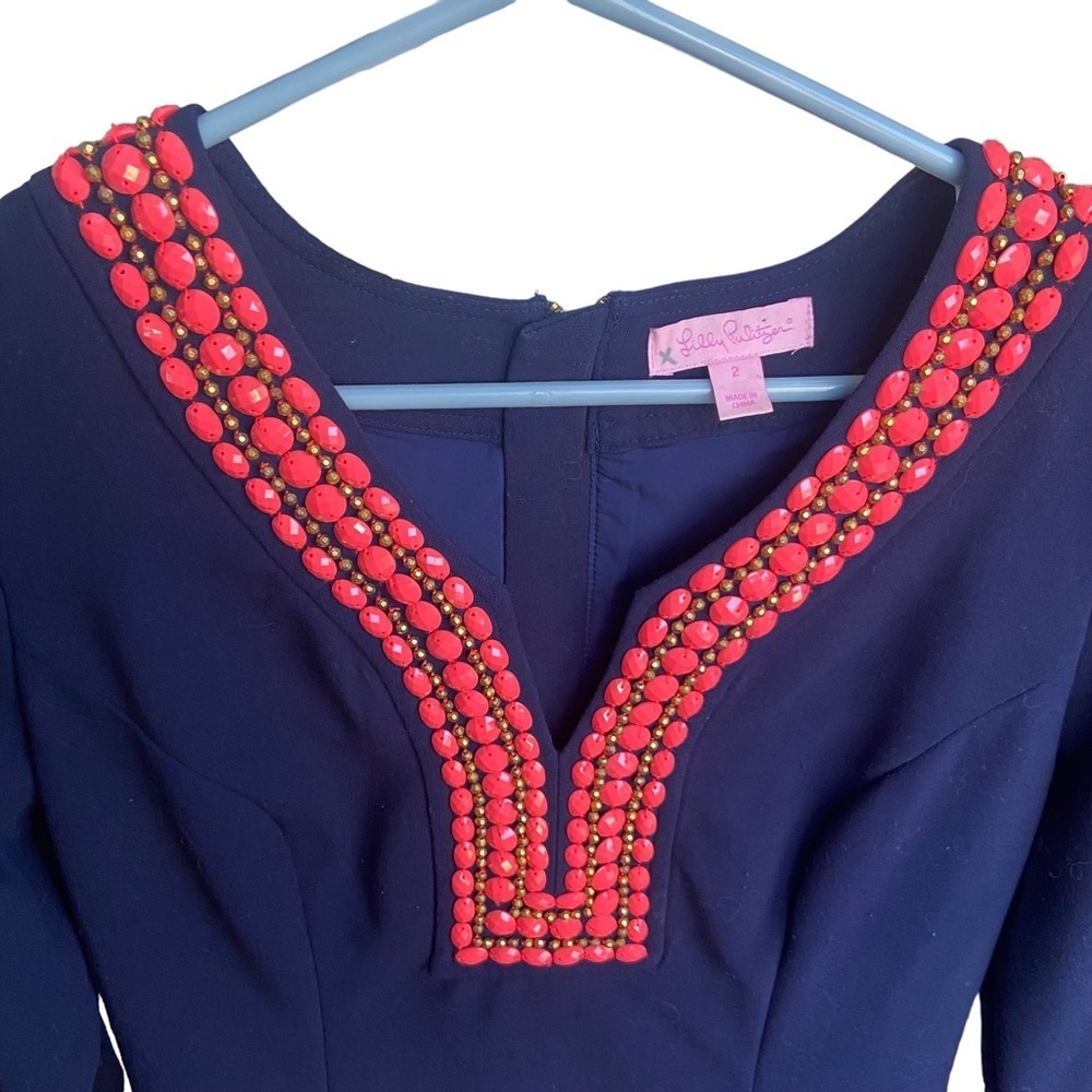 Lilly Pulitzer Bennett Shift Dress Navy Bead Embellished - Size 2 - Picture 6 of 13